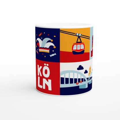 Rückansicht Köln Becher mit Hohenzollernbrücke und bunten Icons.