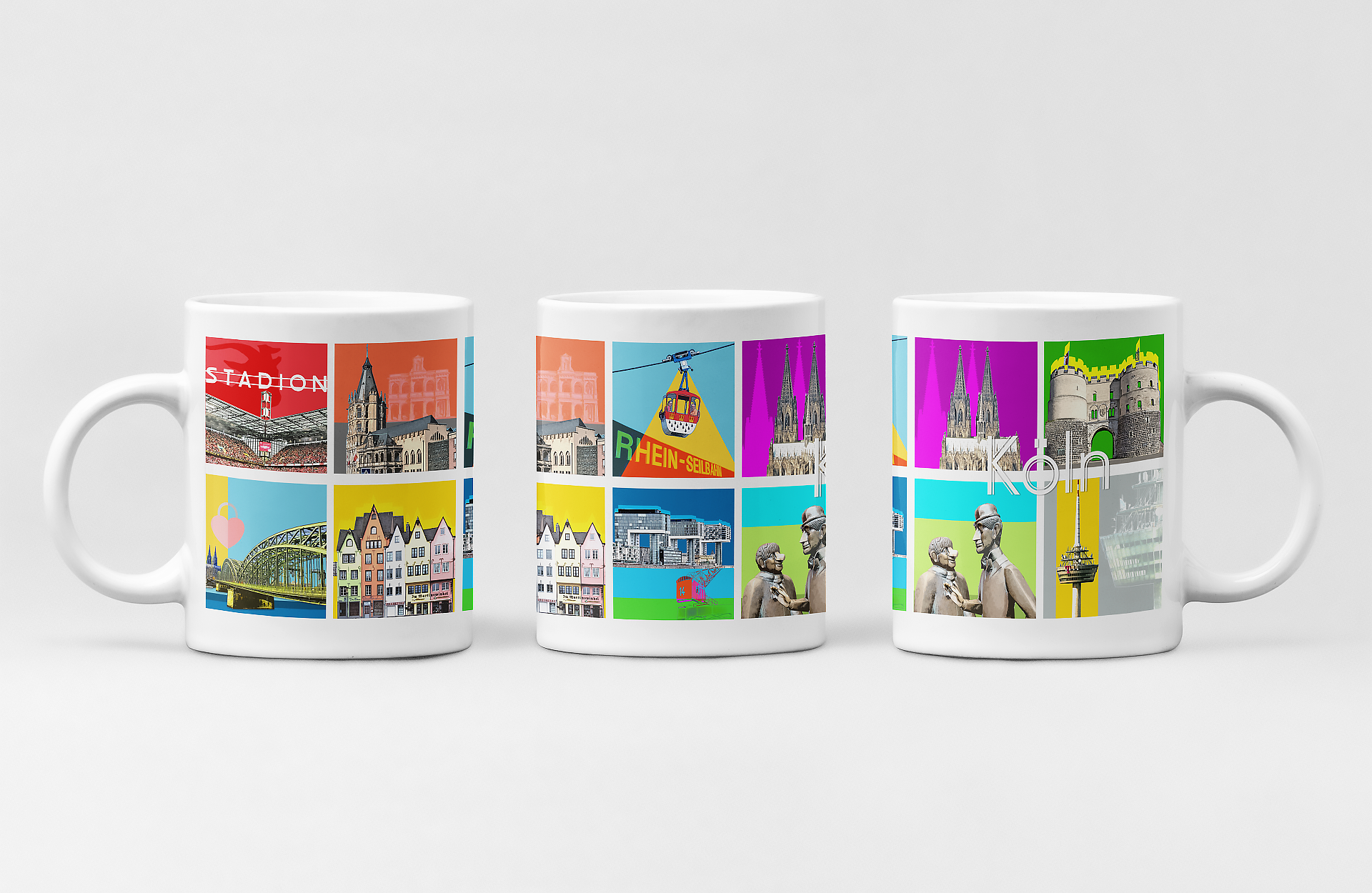 Detailreiche Keramiktasse mit berühmten Kölner Motiven, ideal als Geschenk oder Souvenir.