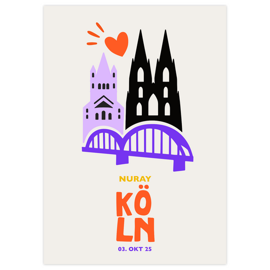 Personalisiertes Köln Poster mit Kölner Dom, Hohenzollernbrücke und Wunschtext.