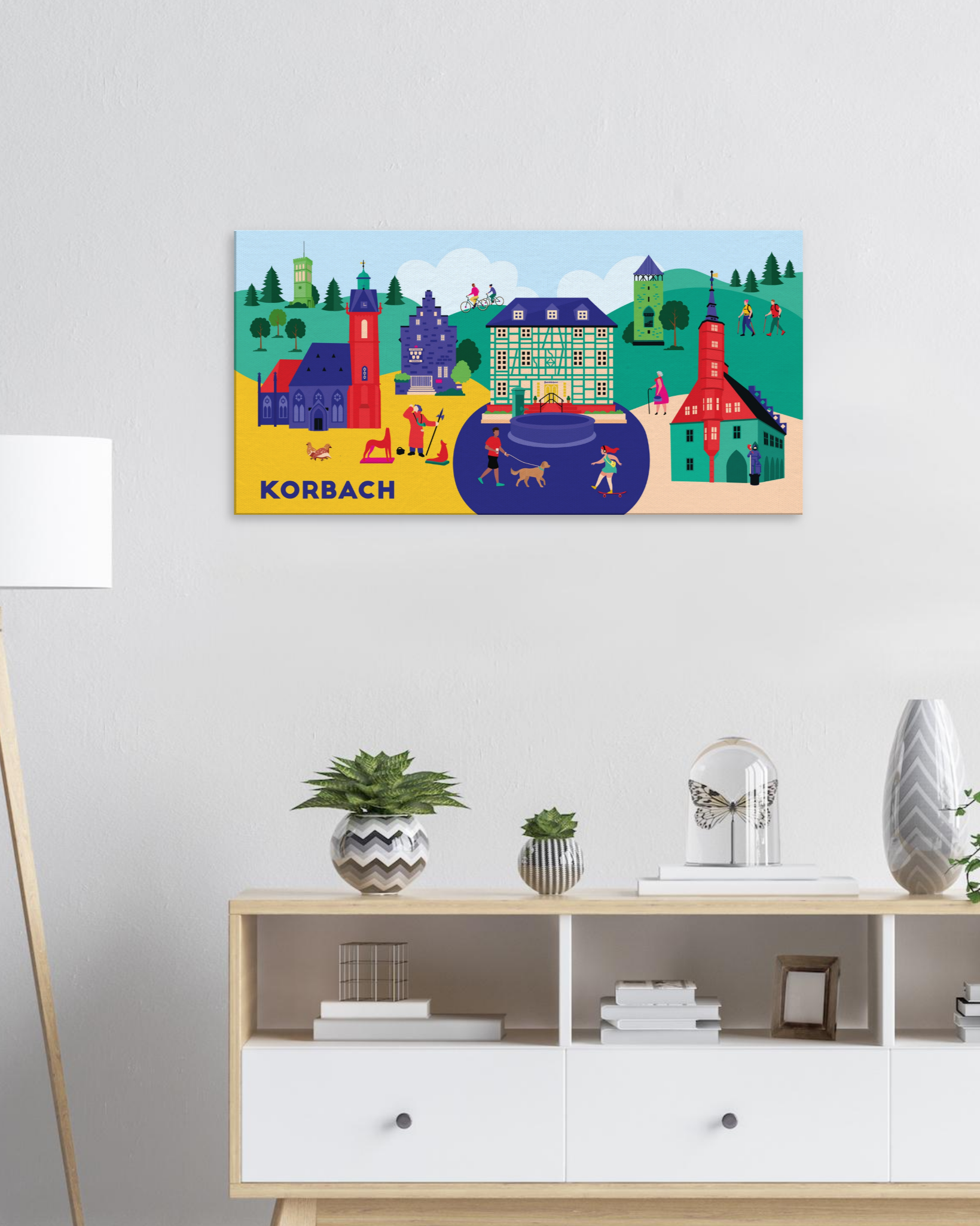 Farbenfrohe Korbach Leinwand als Wandbild mit Tylenturm, Stadtbücherei und Nachtwächter