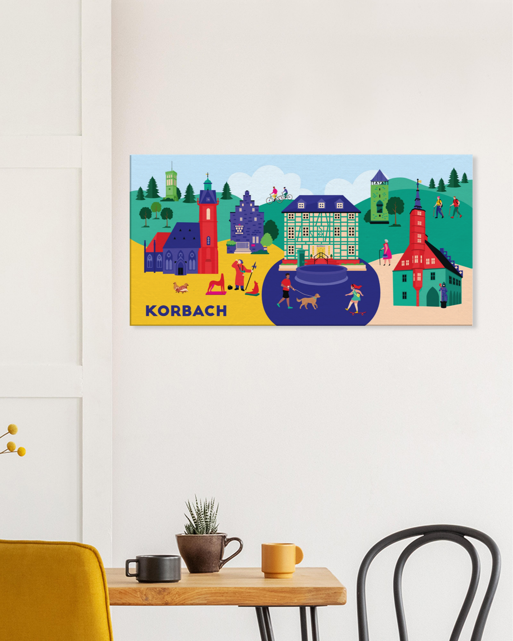 Korbach Leinwand mit Wahrzeichen wie Kilianskirche und Rathaus im modernen Stil illustriert
