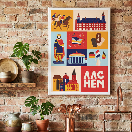 Aachen Illustration Wandbild mit Dom und Rathaus. Wandkunst für die Küche