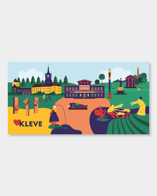 Farbenfroher Kunstdruck mit Klever Schwanenburg und Amphitheater