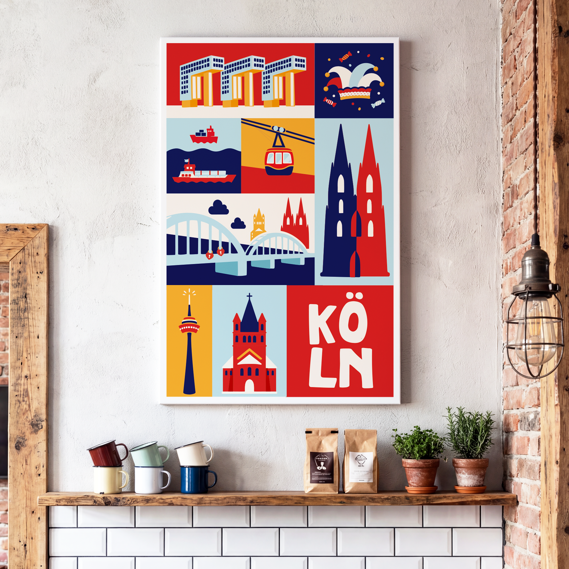 Moderne Wandkunst Köln mit Rhein und Kranhäusern für die Küche