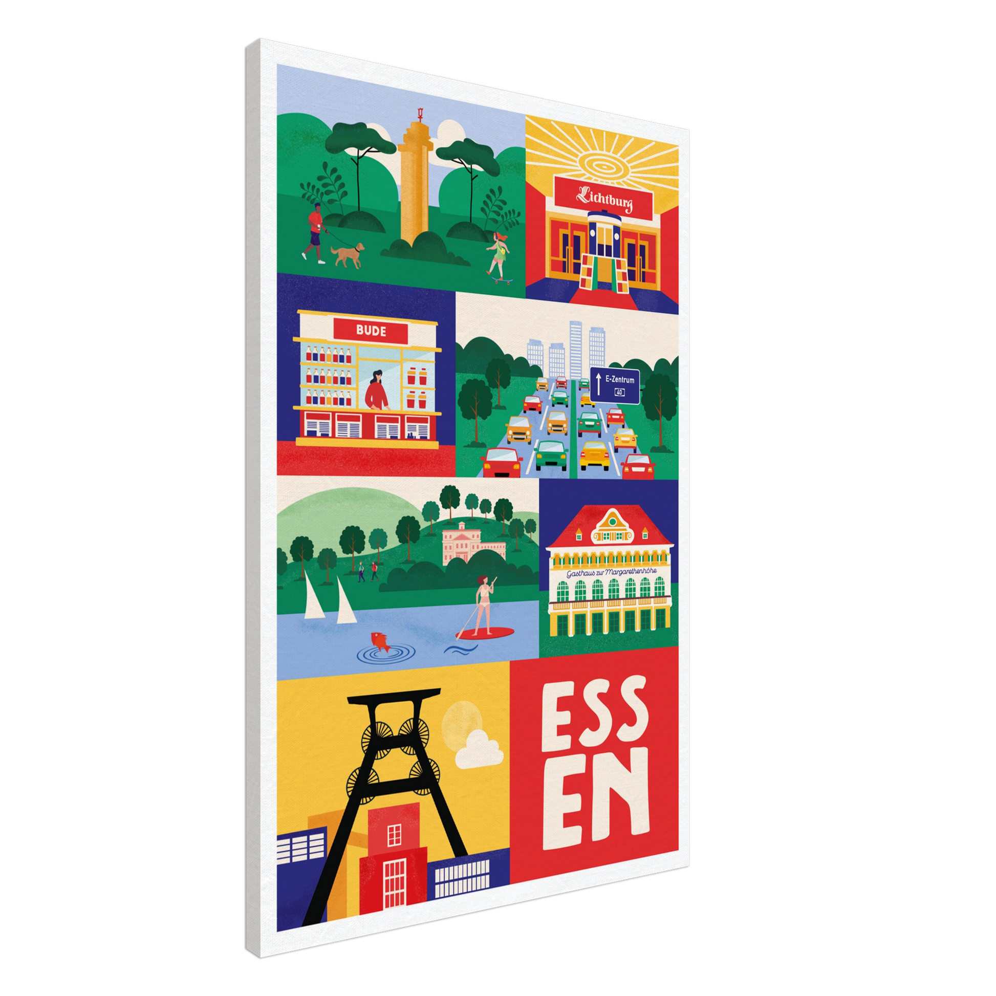 Stadtkind Souvenir Wandbild Essen Baldeneysee und Villa Hügel Flat-Design.