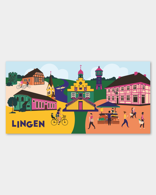 Farbige Leinwand mit Lingen-Silhouette: Rathaus, Wasserturm, Pulverturm, Posthalterei, Kutscherhaus, St. Bonifatius‑Kirche und Ems-Fluss.