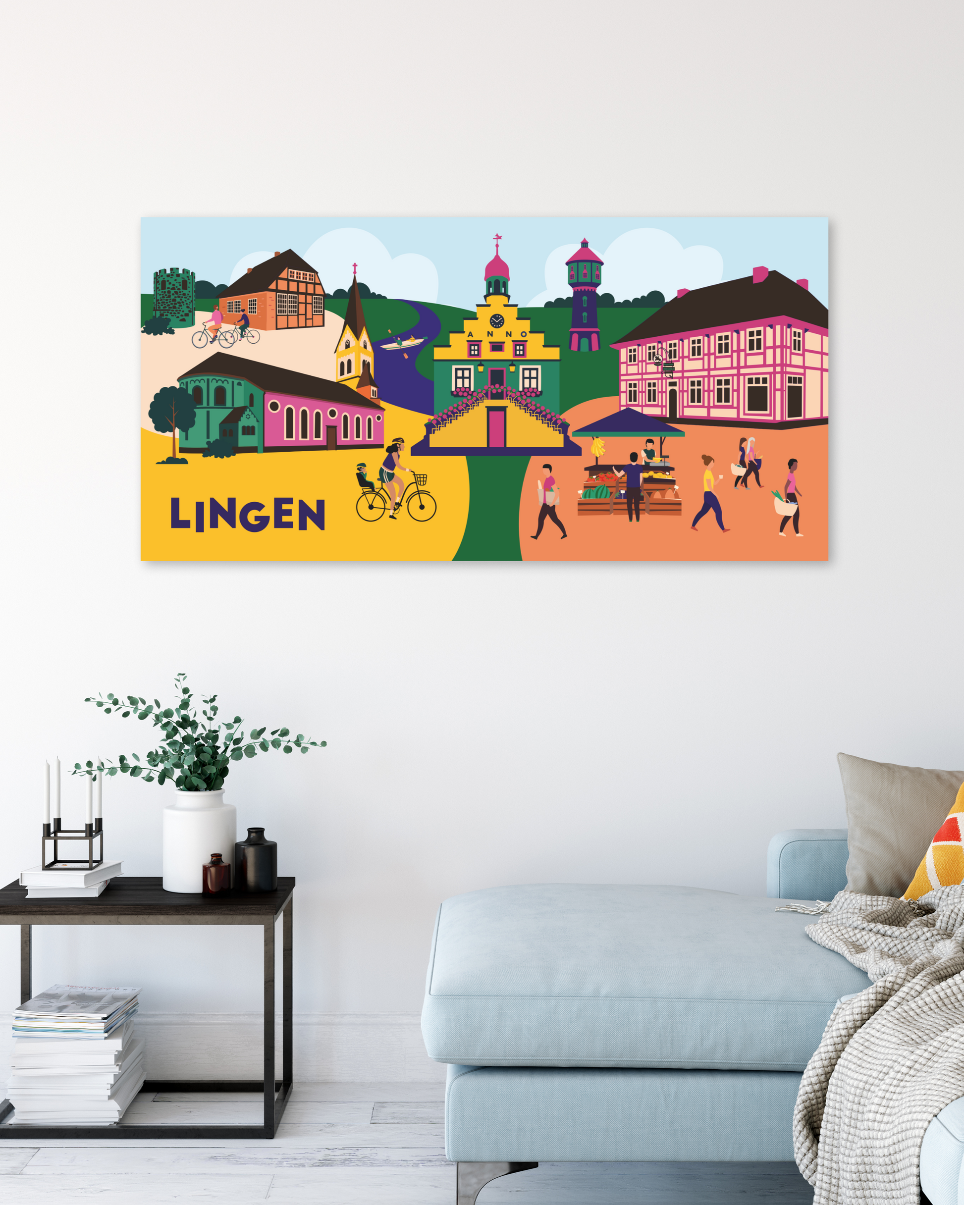 Illustration Lingen auf Leinwand: Alte Posthalterei und Pulverturm, bunt und lebendig auf Wandbild.
