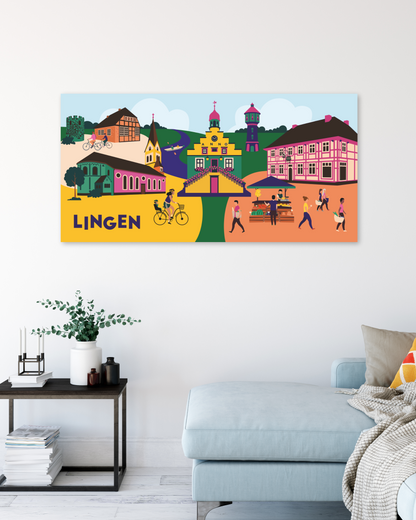 Illustration Lingen auf Leinwand: Alte Posthalterei und Pulverturm, bunt und lebendig auf Wandbild.
