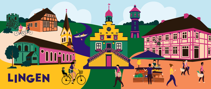 Wandbild Lingen – Szene mit St. Bonifatius‑Kirche, Wasserturm und urbanem Flair im digitalen Druck.