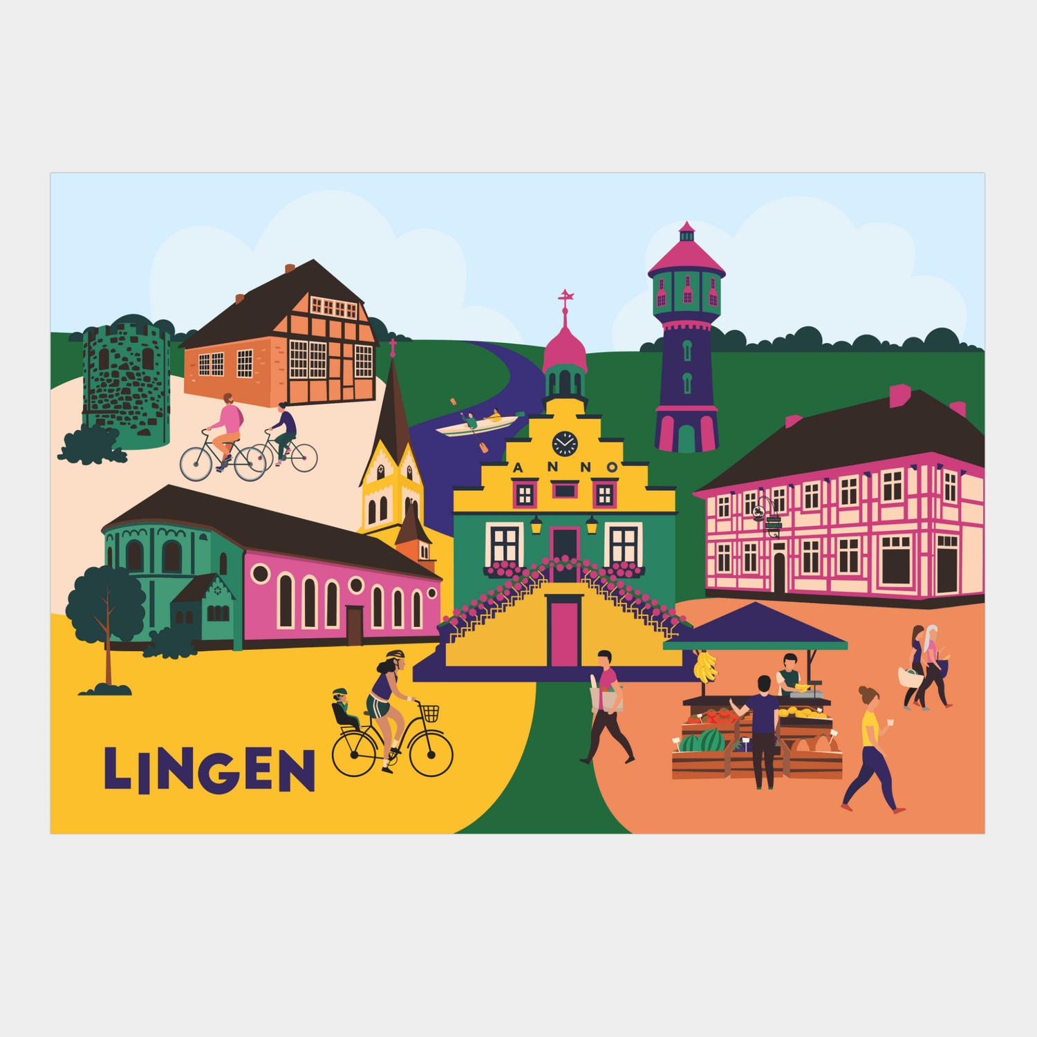 Illustration von Lingen mit Sehenswürdigkeiten im Pop-Art Stil