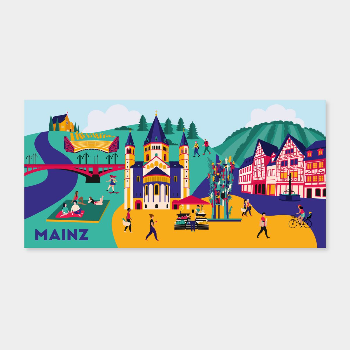 Panorama Leinwand mit farbenfroher Mainz Illustration im Retro-Pop-Art Stil, zeigt Dom St. Martin und Kirschgarten.