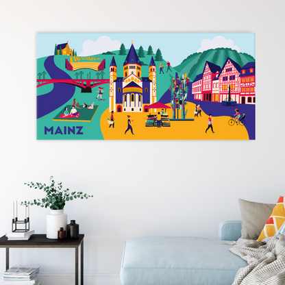 Wohnzimmer Bilder Inspiration mit der Mainz Panorama Leinwand über einem modernen Sofa.
