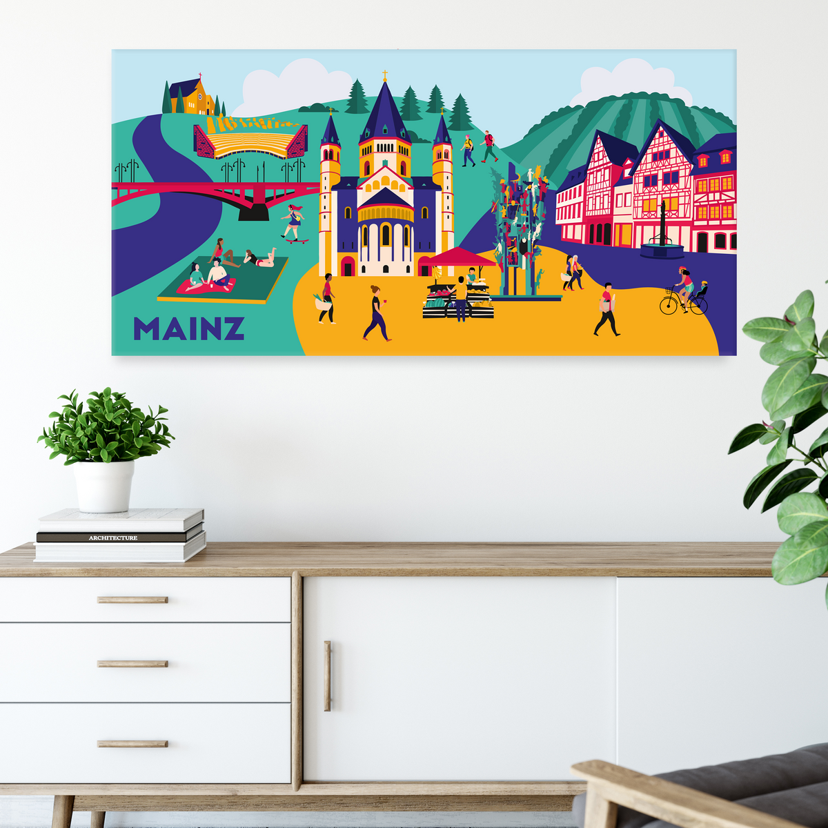 Stylisches Interior Design mit der Mainz Leinwand im Panoramaformat für hyggeliges Wohnen.