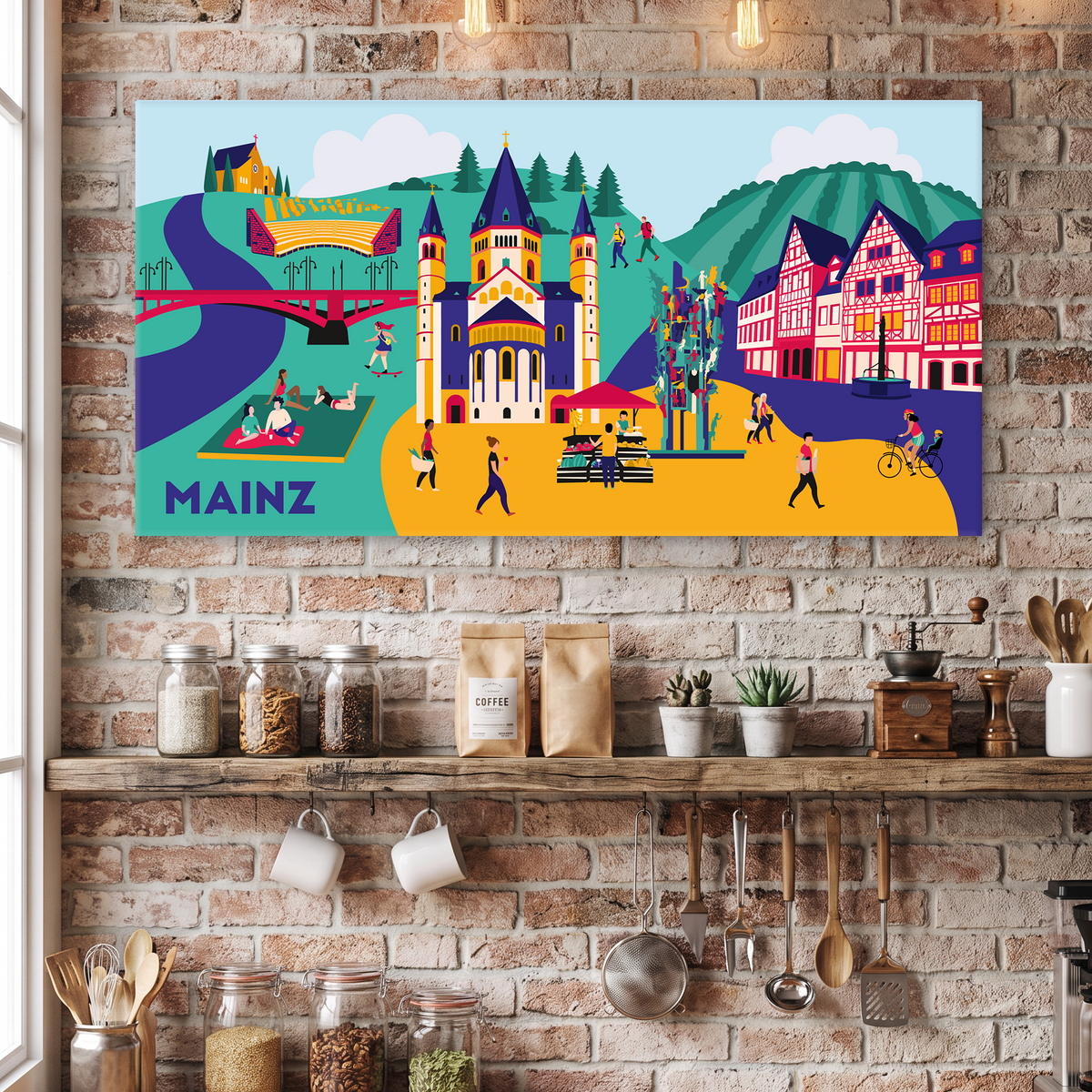 Hochwertige Wandkunst mit Mainzer Rheinufer und urbanem Kiez-Vibe für zeitgemäße Wände.
