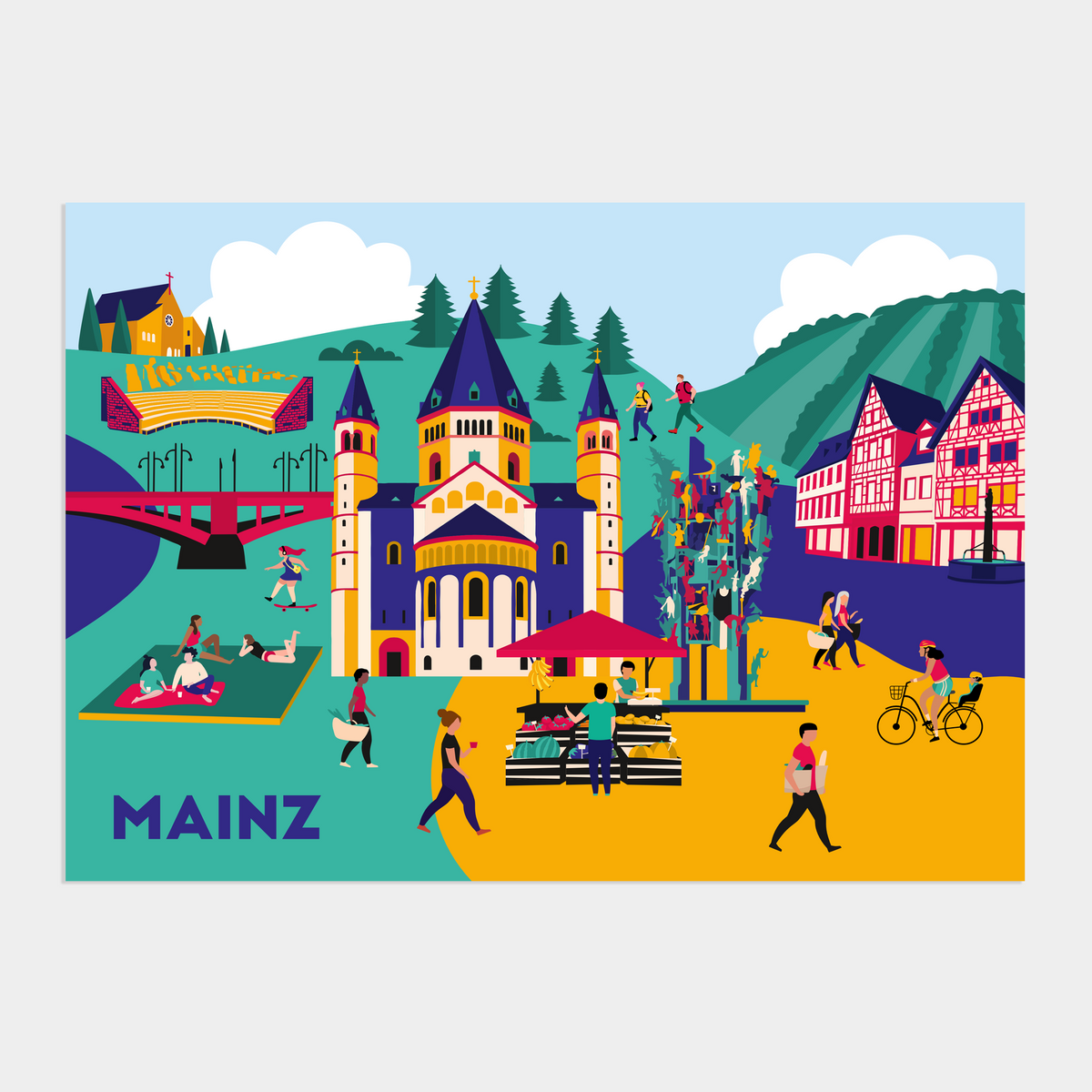 Poster Mainz Illustration im farbenfrohen Retro-Pop-Art Stil mit Dom St. Martin und Wochenmarkt.