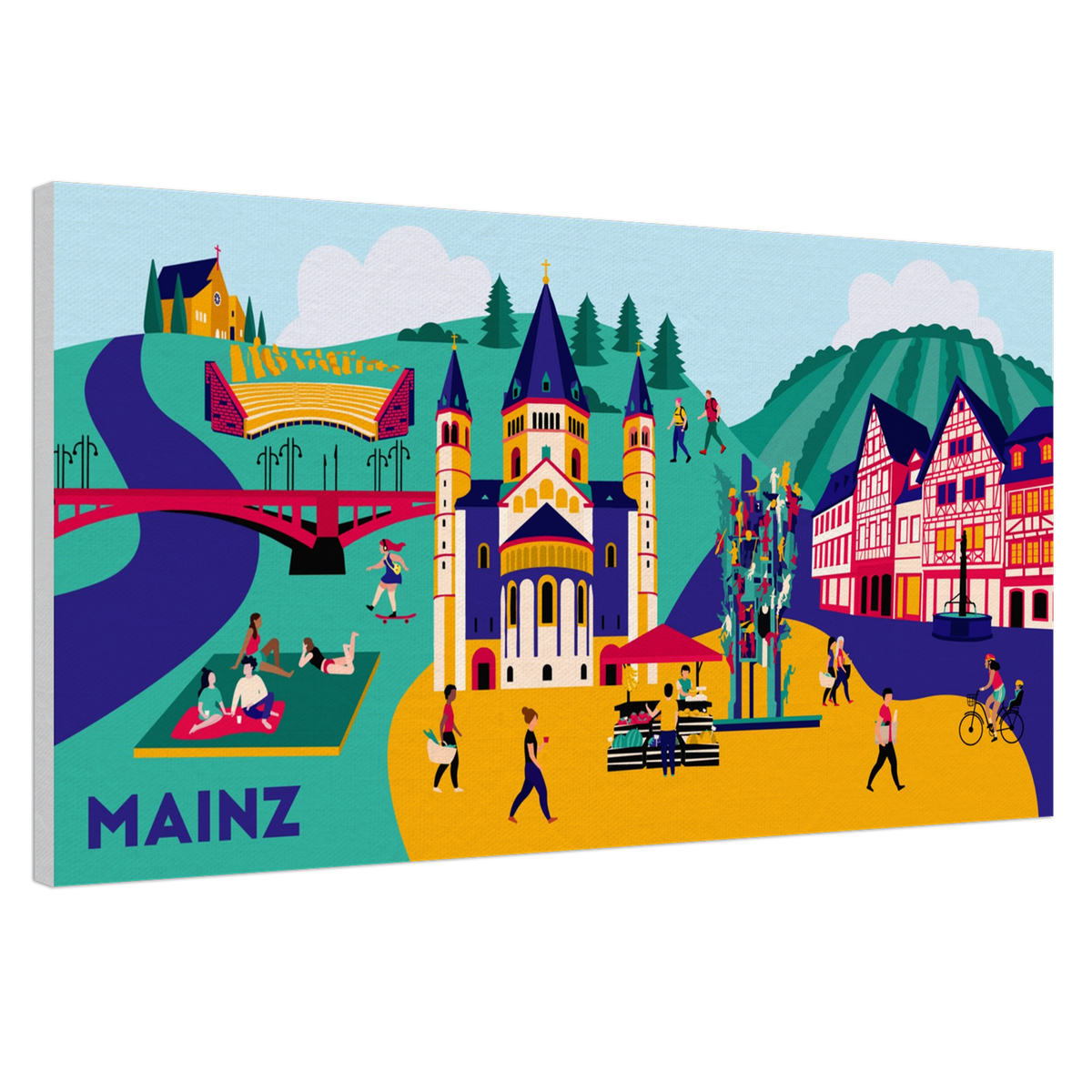 Detailansicht der Leinwand Mainz, Fokus auf das Römische Theater und den Fastnachtsbrunnen im Flat-Design.