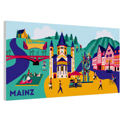 Detailansicht der Leinwand Mainz, Fokus auf das Römische Theater und den Fastnachtsbrunnen im Flat-Design.