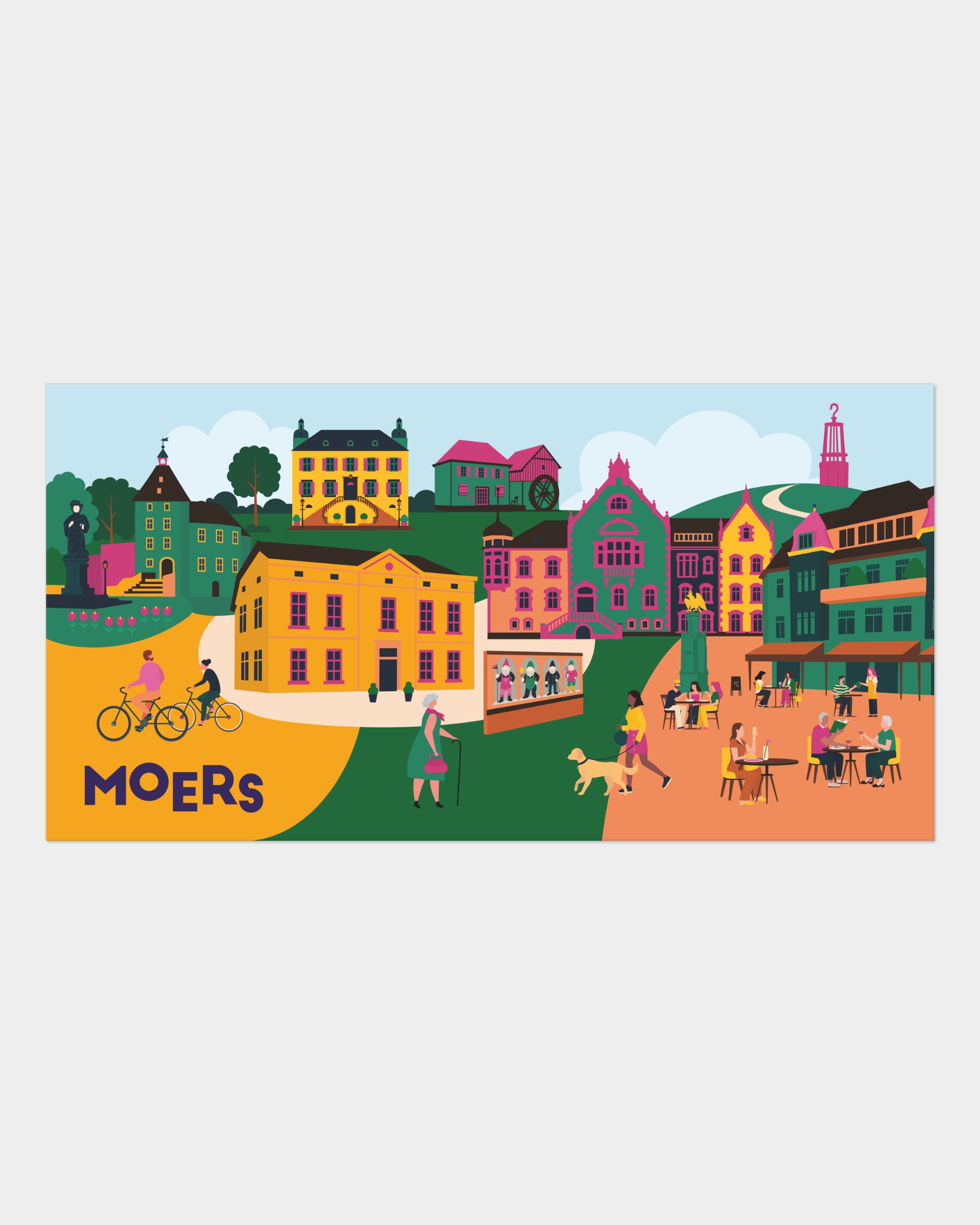 Leinwand mit moderner Moers-Illustration – inklusive Schloss, Geleucht und Altmarkt