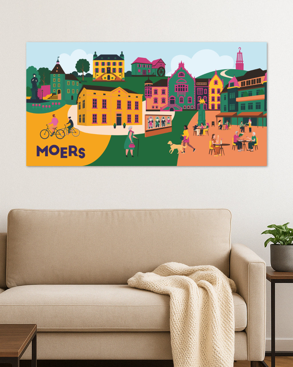Farbenfrohe Stadtillustration von Moers – mit Halde Rheinpreußen und Altstadtmotiven.