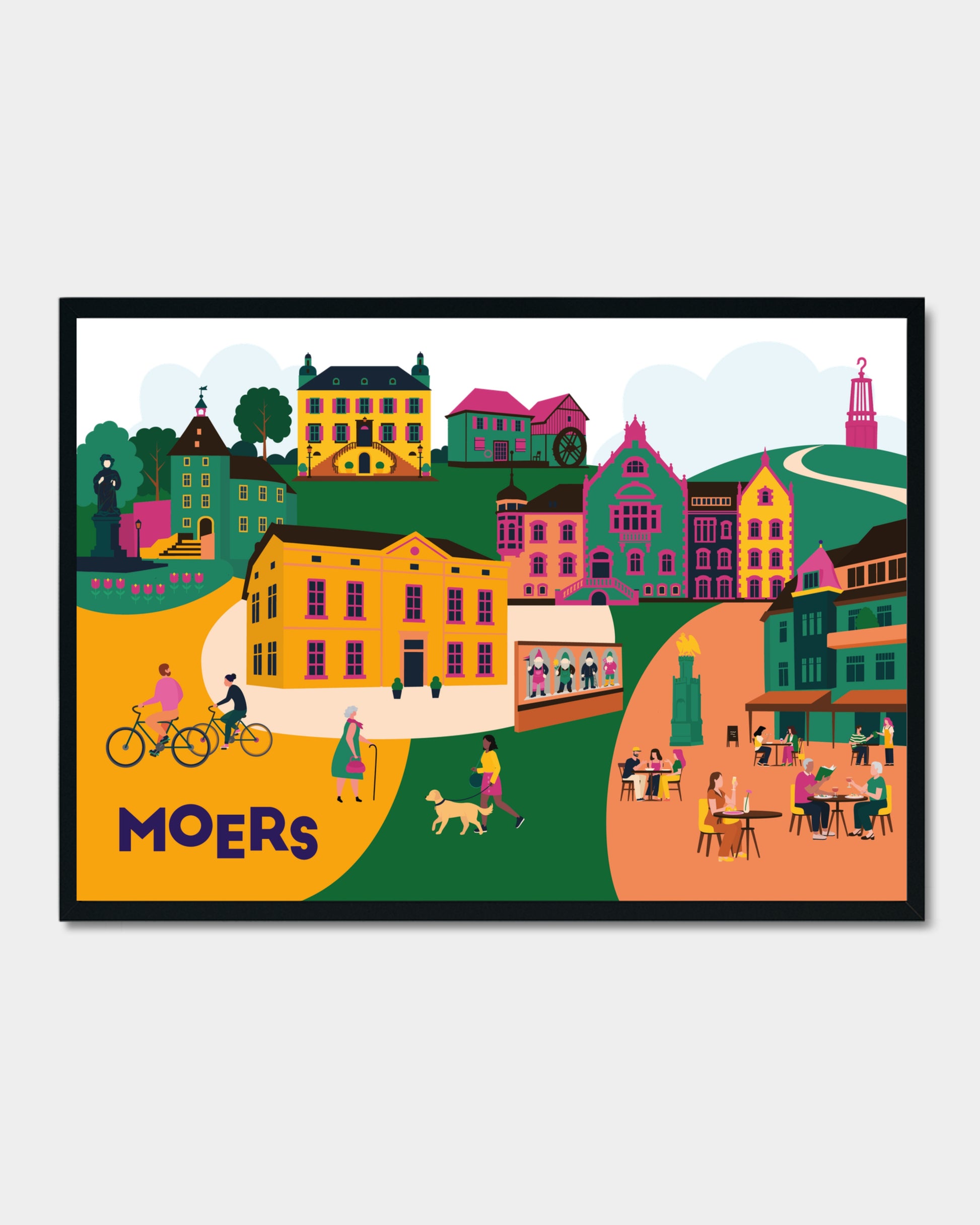 Moers-Poster mit Stadtillustration – inklusive Schloss, Geleucht und Altmarkt