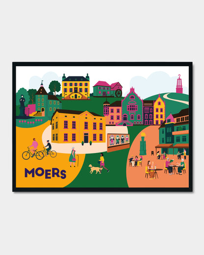 Moers-Poster mit Stadtillustration – inklusive Schloss, Geleucht und Altmarkt