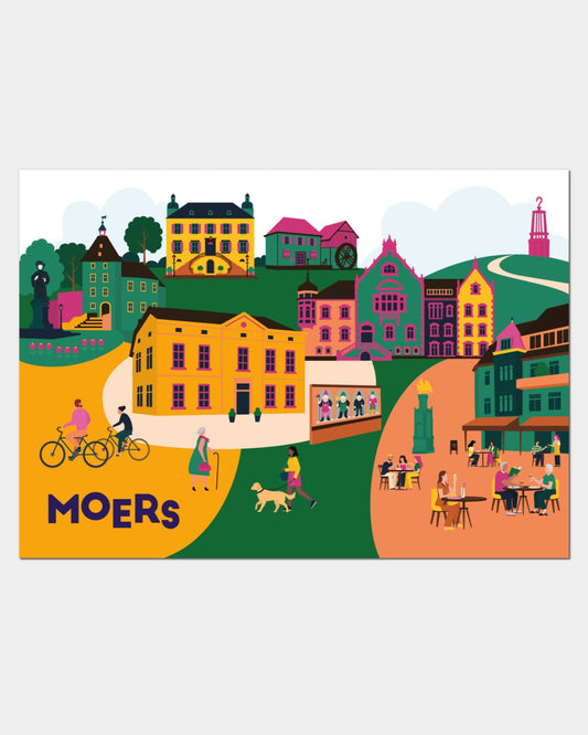 Farbenfrohes Poster mit Moers-Motiv: Zwergengasse, Schlosspark und Peschkenhaus