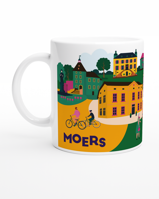 Keramiktasse mit Stadtillustration von Moers – mit Schloss, Altstadt und Geleucht