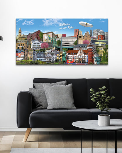Hochwertige Leinwand mit einer detailreichen Collage der Wahrzeichen von Mülheim an der Ruhr.