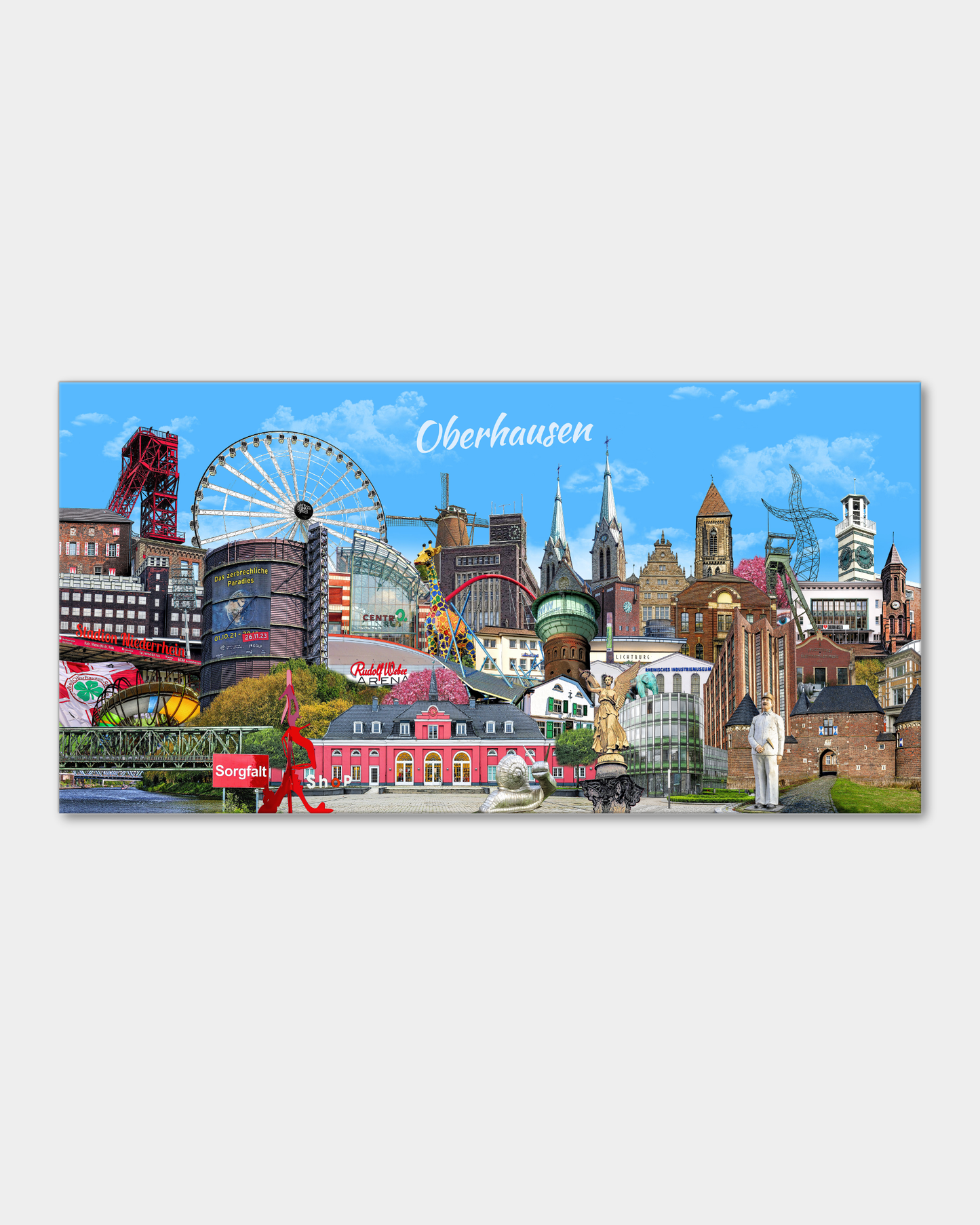 Hochwertige Oberhausen-Leinwand mit Collage der Stadtwahrzeichen.