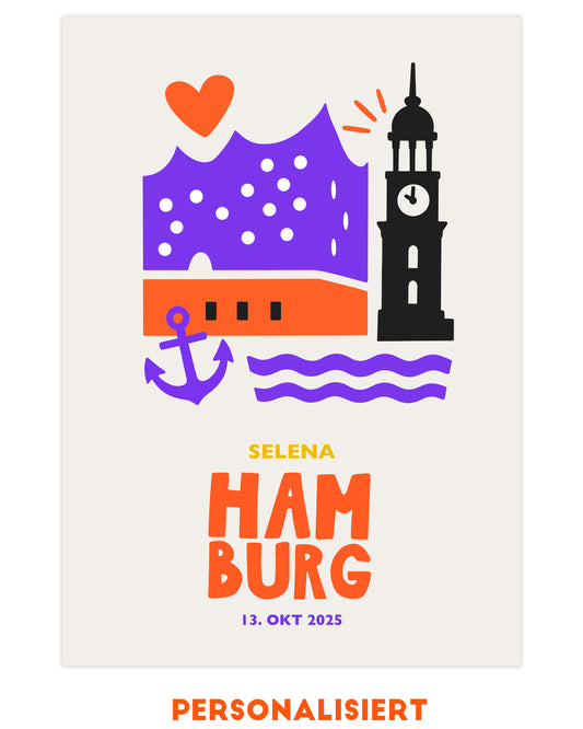 Personalisiertes Hamburg Poster mit Elbphilharmonie und Michel