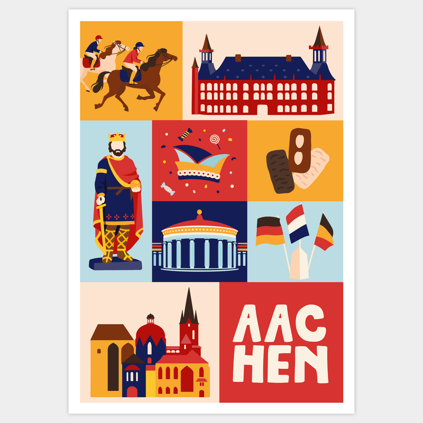 Aachen Poster Illustration mit Dom und Rathaus im Modern-Retro-Stil.