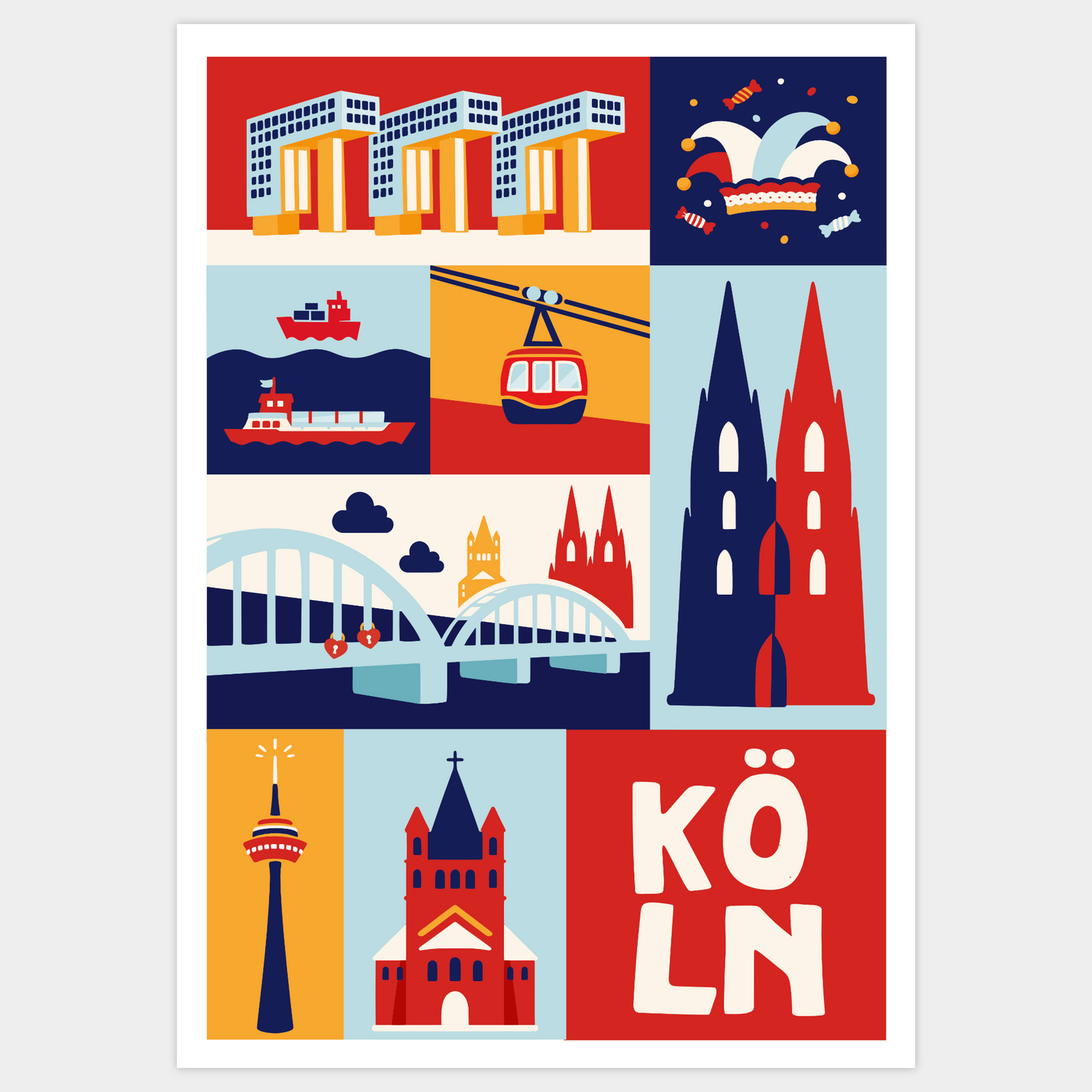 Köln Poster mit Dom, Rhein und Hohenzollernbrücke Illustration