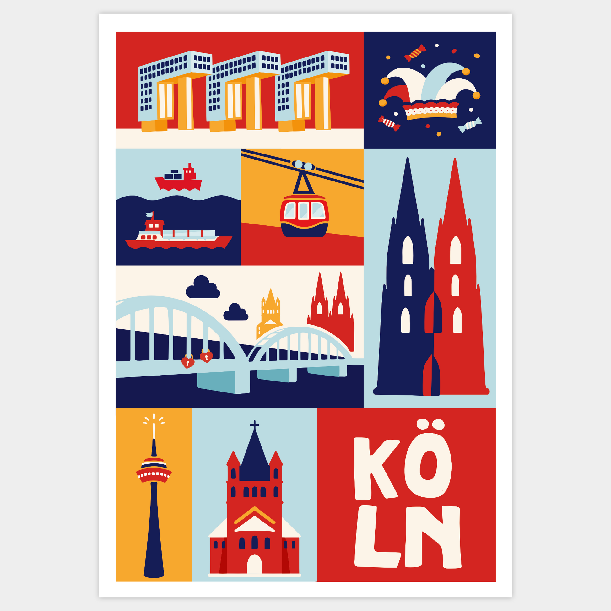 Köln Poster mit Dom, Rhein und Hohenzollernbrücke Illustration
