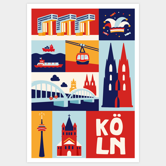 Köln Poster mit Dom, Rhein und Hohenzollernbrücke Illustration