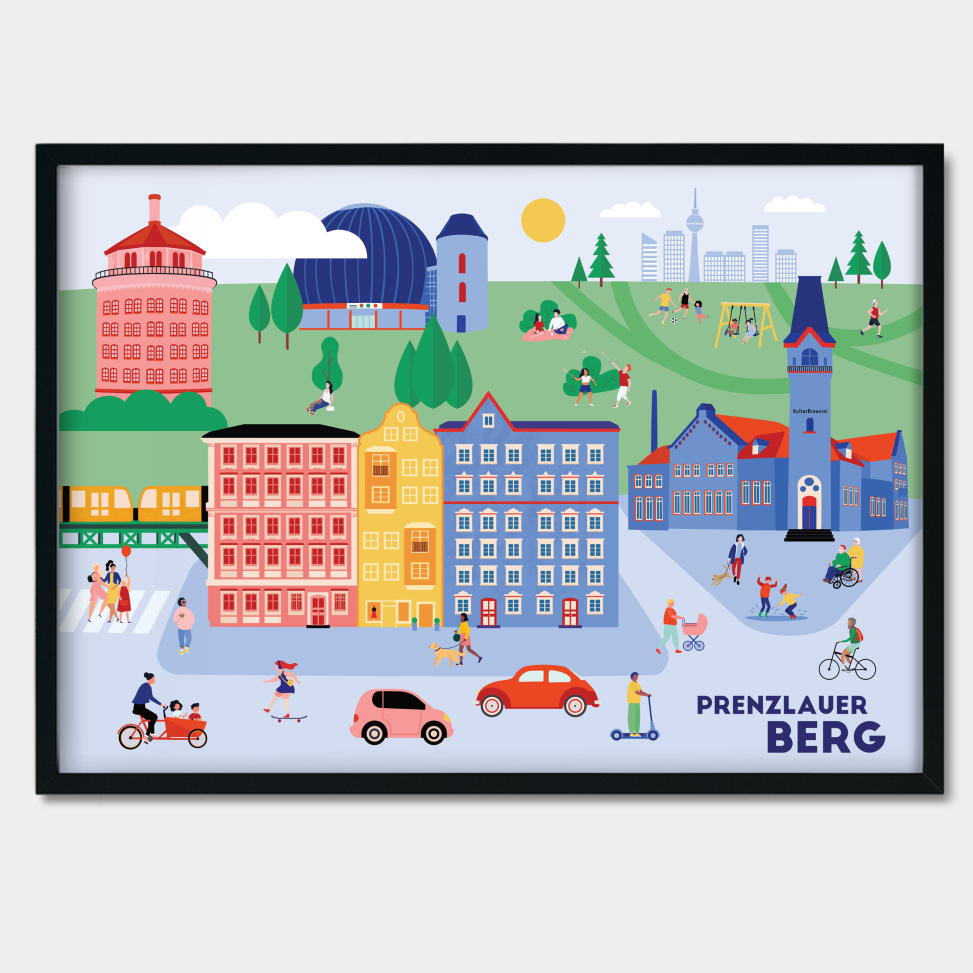 Urbanes Berlin Poster mit Altbauten und Skyline