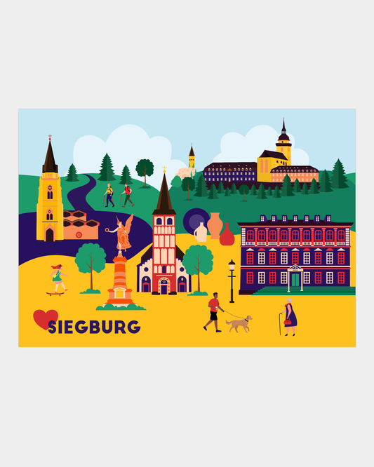 Farbiges Stadtposter von Siegburg mit bekannten Bauwerken