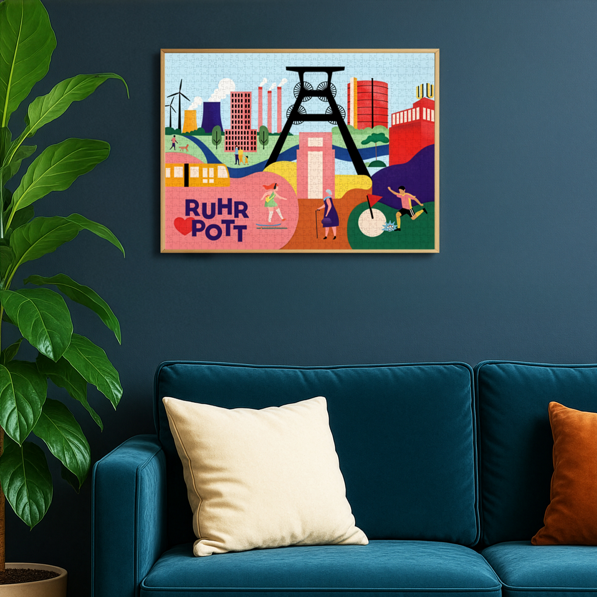 Buntes Puzzle Ruhrgebiet mit Wahrzeichen als Wandkunst