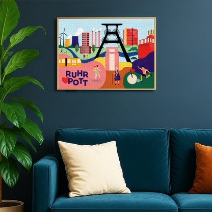 Buntes Puzzle Ruhrgebiet mit Wahrzeichen als Wandkunst