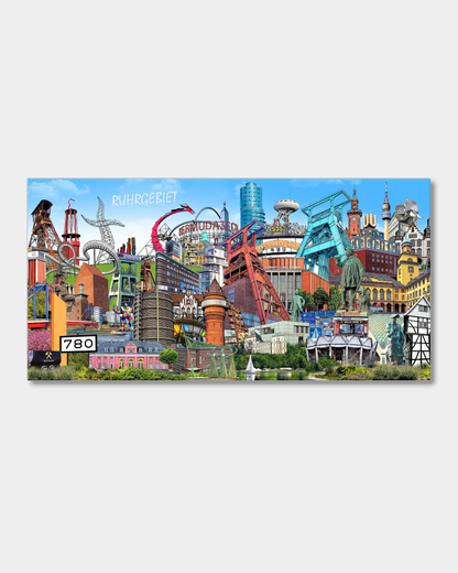 Hochwertige Leinwand mit bunter Ruhrgebiet-Collage und ikonischen Wahrzeichen.