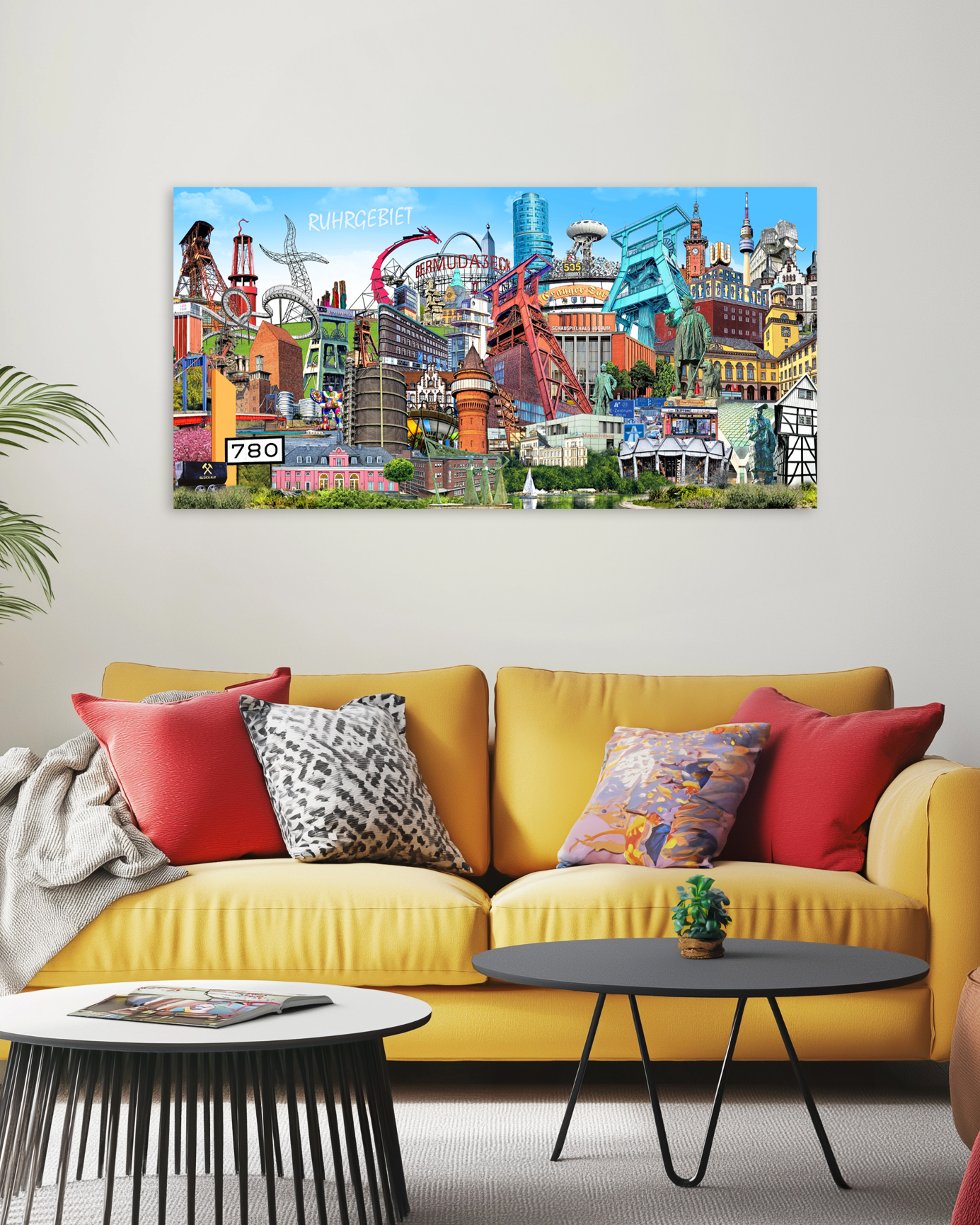 Ruhrpott-Wandbild mit detailreicher Collage aus Industriekultur, Architektur und urbanem Flair.