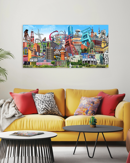 Ruhrpott-Wandbild mit detailreicher Collage aus Industriekultur, Architektur und urbanem Flair.