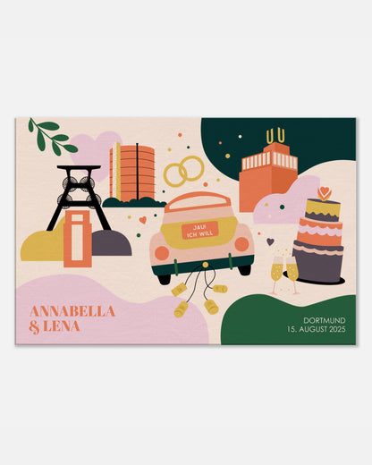 Personalisiertes Hochzeitsbild mit Ruhrpott-Motiven wie Zeche, Dortmunder U und Hochzeitsauto – modernes Wandbild mit individuellen Namen, Ort und Datum. Für lesbisches Paar.