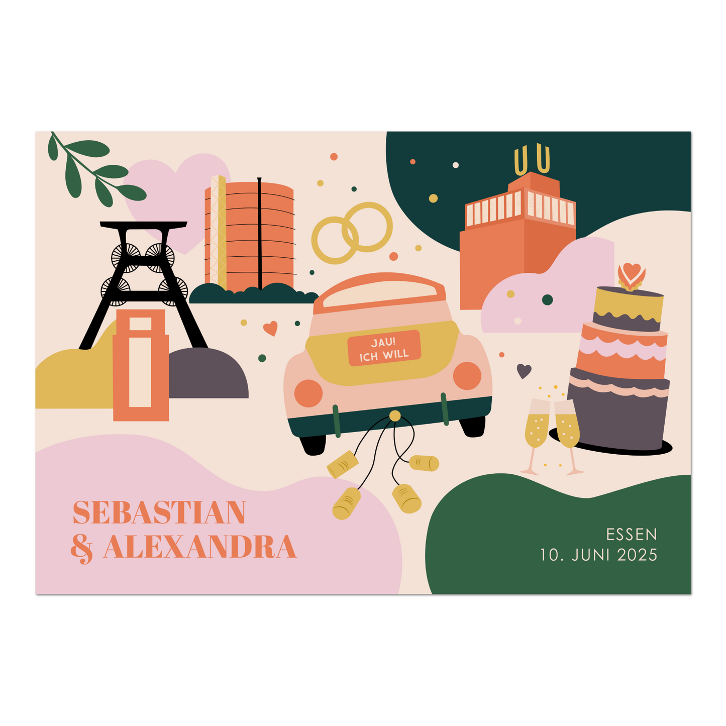 Illustrationen von Förderturm, Hochzeitsauto und Dortmunder U auf personalisiertem Poster zur Hochzeit.
