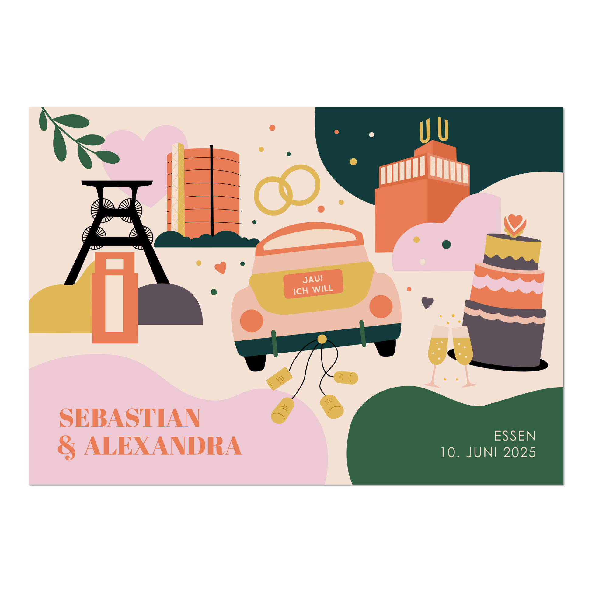 Illustrationen von Förderturm, Hochzeitsauto und Dortmunder U auf personalisiertem Poster zur Hochzeit.
