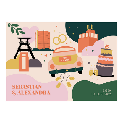 Illustrationen von Förderturm, Hochzeitsauto und Dortmunder U auf personalisiertem Poster zur Hochzeit.
