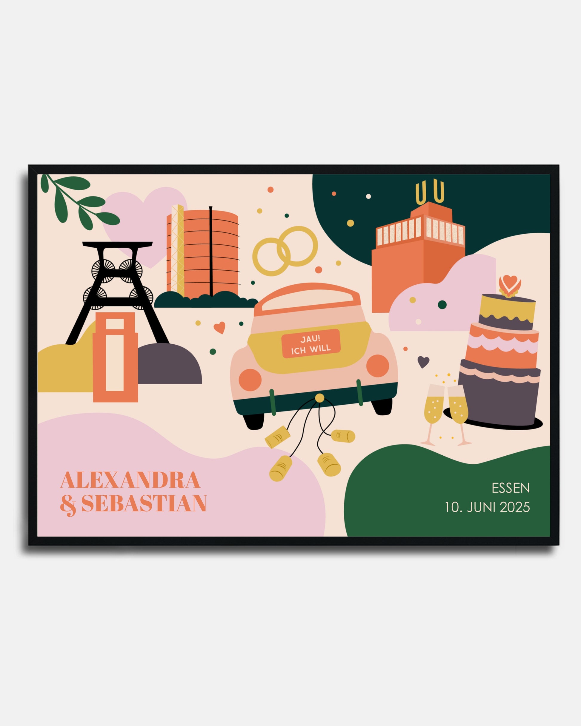 Personalisiertes Hochzeitsposter mit Ruhrgebiet-Motiven wie Zeche, Gasometer, Dortmunder U und Hochzeitsauto – mit individuellen Namen, Ort und Datum