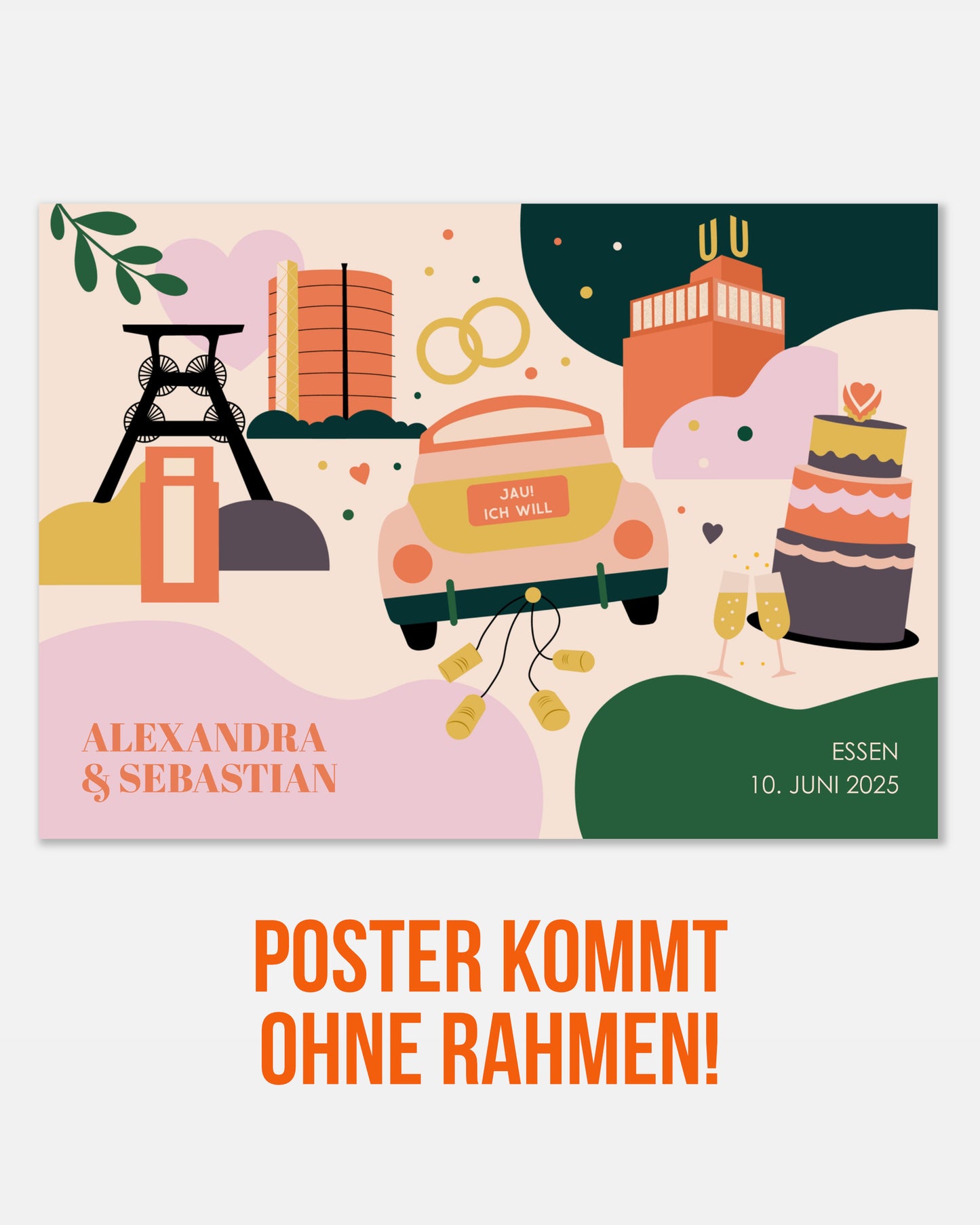 Illustrationen von Förderturm, Hochzeitsauto und Dortmunder U auf personalisiertem Poster zur Hochzeit