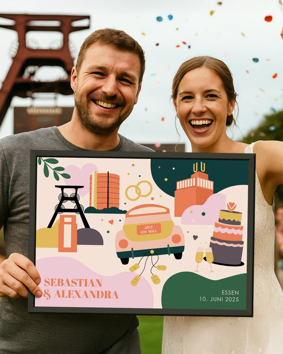Modernes, personalisiertes Poster als stilvolles Hochzeitsgeschenk mit regionalem Bezug zum Ruhrgebiet