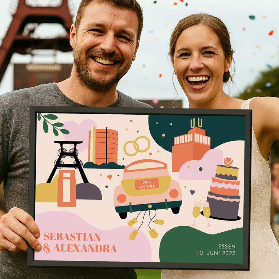 Modernes, personalisiertes Poster als stilvolles Hochzeitsgeschenk mit regionalem Bezug zum Ruhrgebiet