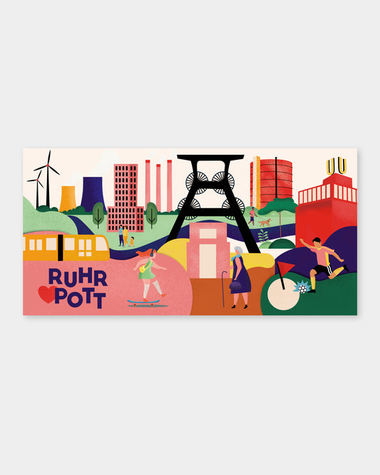 Moderne Illustration des Ruhrgebiets mit Zeche Zollverein, Dortmunder U und Gasometer auf Leinwand